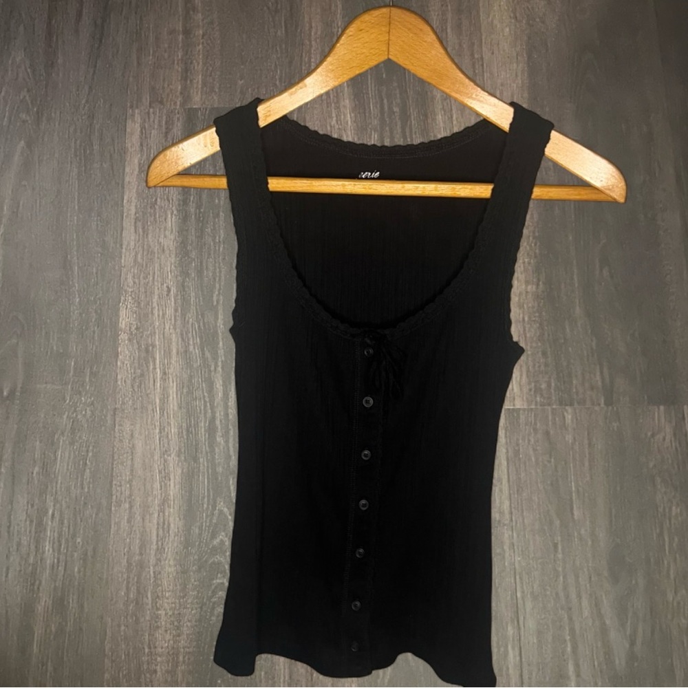 Aerie Black Ribbed Button Front Tank‎ Top w/ Tie Bow XS